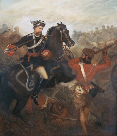 Lieutenant Frederick Robertson Aikman earning the Victoria Cross at Lucknow during the Indian Mutiny on 1st March 1858 by Chevalier Louis William Desanges
